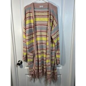 Wonderly Striped Knit Duster Cardigan Sweater Fringe Pink Yellow Gray Size M